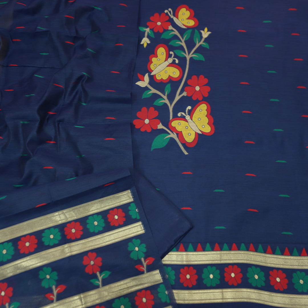 Ishika Royal Blue All Over Authentic and Floral Jamdani Weaved Hem Chanderi Set