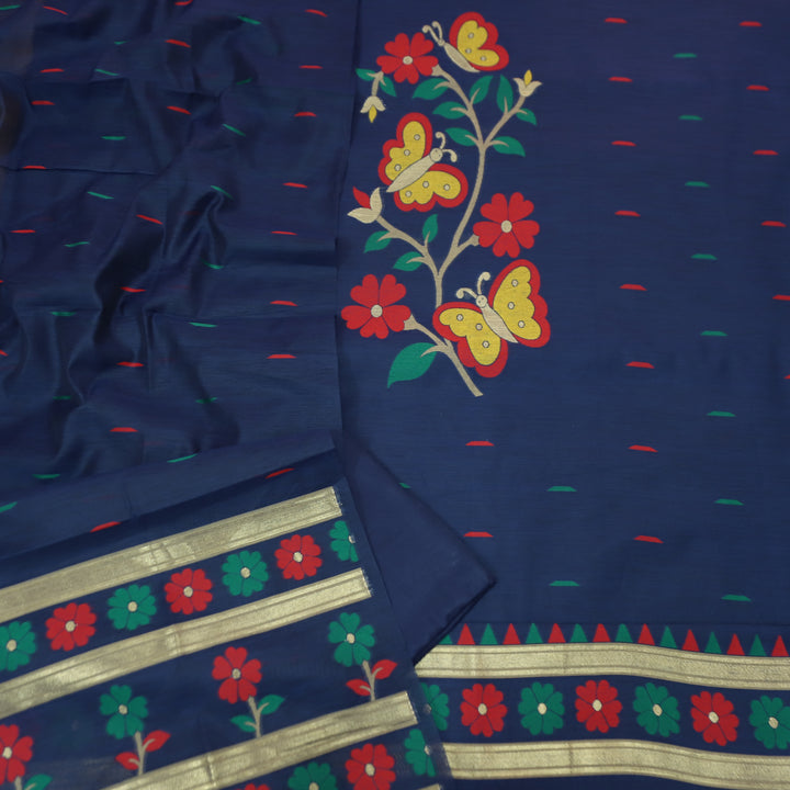 Ishika Royal Blue All Over Authentic and Floral Jamdani Weaved Hem Chanderi Set