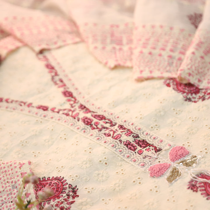 Yashvi Cream White with Pink Block Printed V Neck Lace Work Cotton Schiffli Set