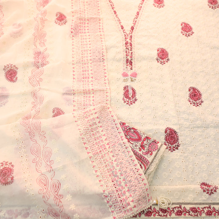 Yashvi Cream White with Pink Block Printed V Neck Lace Work Cotton Schiffli Set