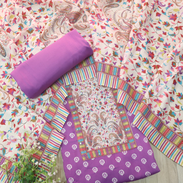 Zulfa Orchid Purple Floral Patch Yock Printed Jam Cotton Satin Suit Set