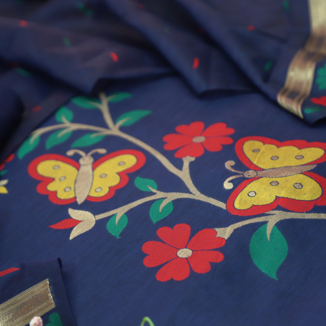 Ishika Royal Blue All Over Authentic and Floral Jamdani Weaved Hem Chanderi Set
