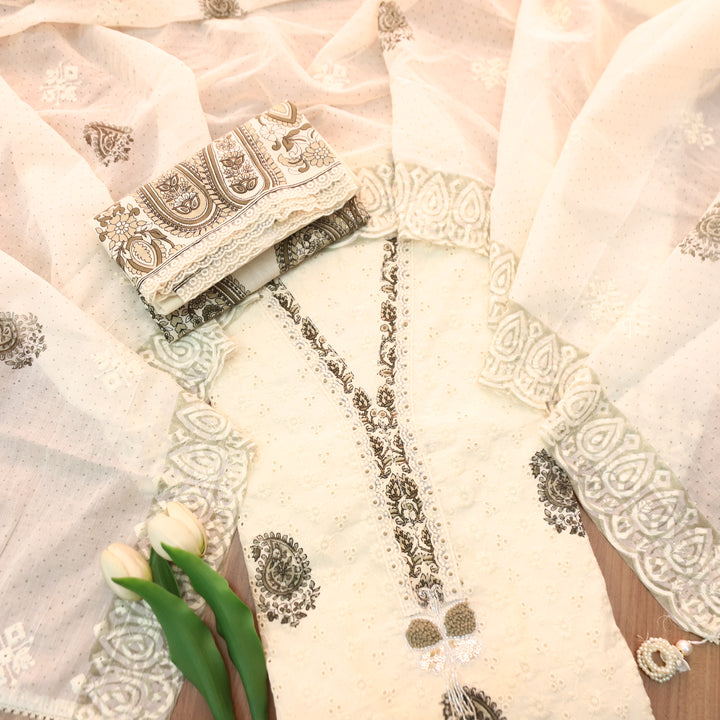 Yashvi Cream White with Grey Block Printed V Neck Lace Work Cotton Schiffli Set