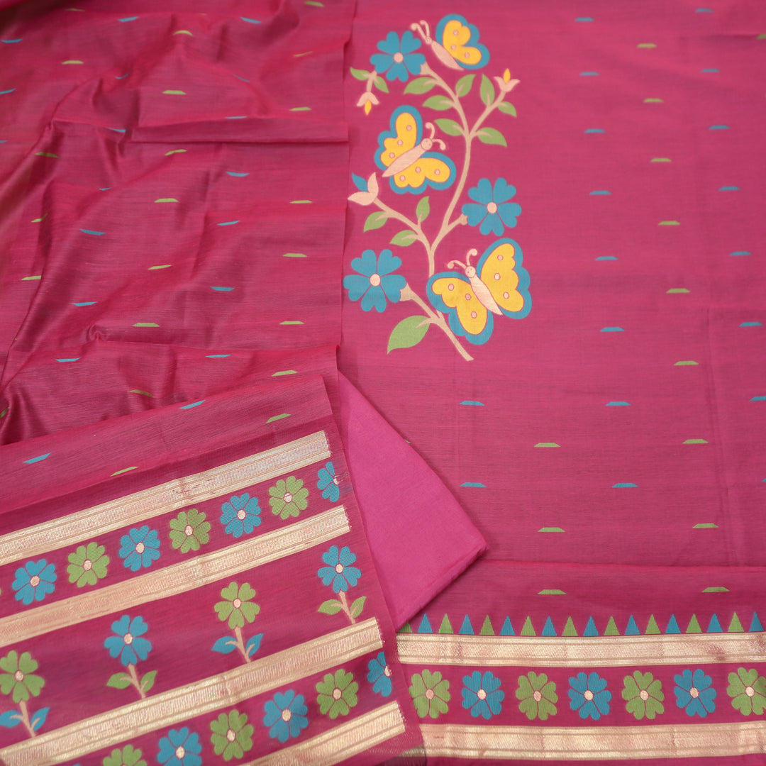 Ishika Magenta Pink All Over Authentic and Floral Jamdani Weaved Hem Chanderi Set
