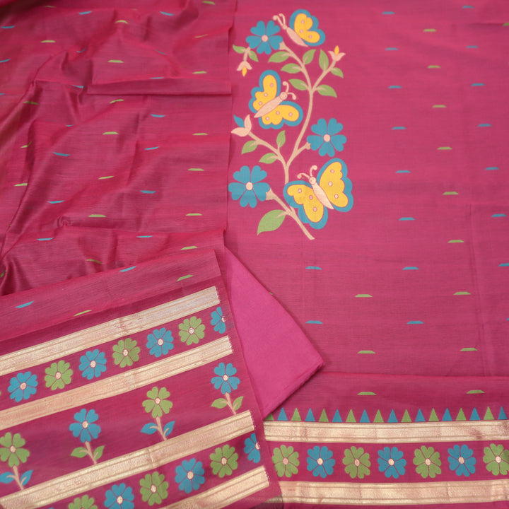 Ishika Magenta Pink All Over Authentic and Floral Jamdani Weaved Hem Chanderi Set