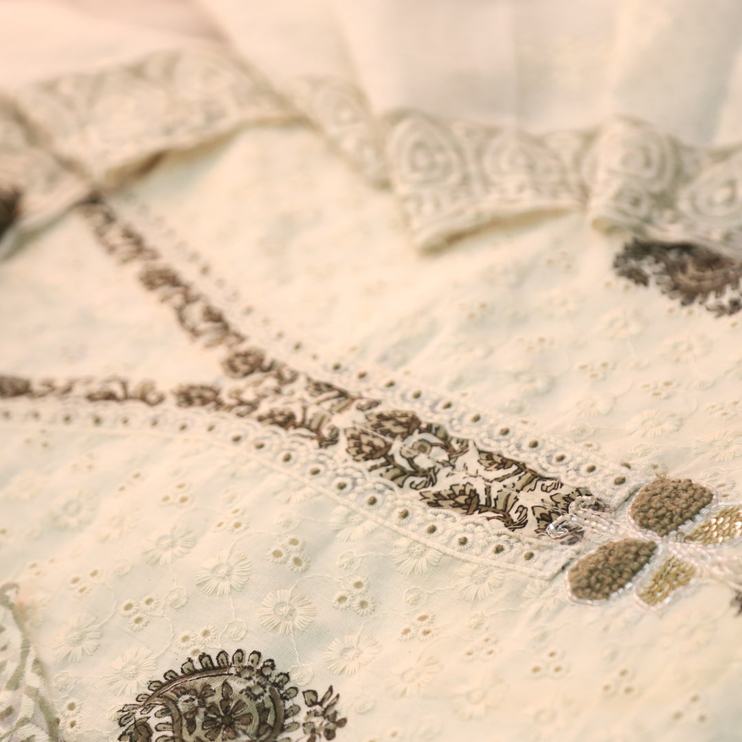 Yashvi Cream White with Grey Block Printed V Neck Lace Work Cotton Schiffli Set