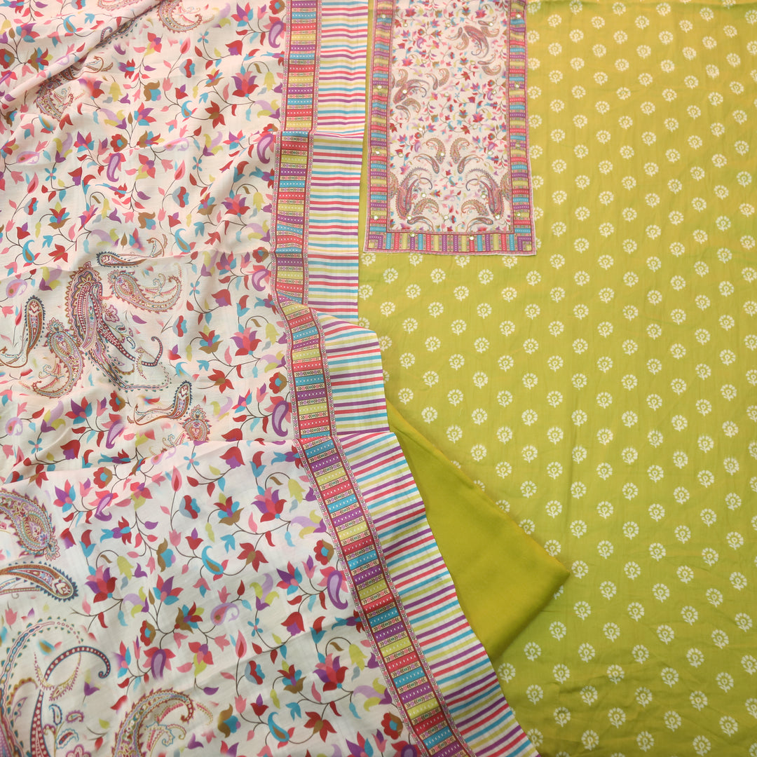 Zulfa Canary Yellow Floral Patch Yock Printed Jam Cotton Satin Suit Set