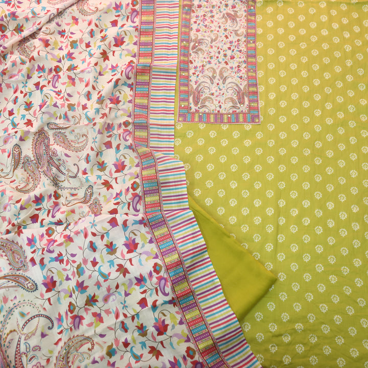 Zulfa Canary Yellow Floral Patch Yock Printed Jam Cotton Satin Suit Set