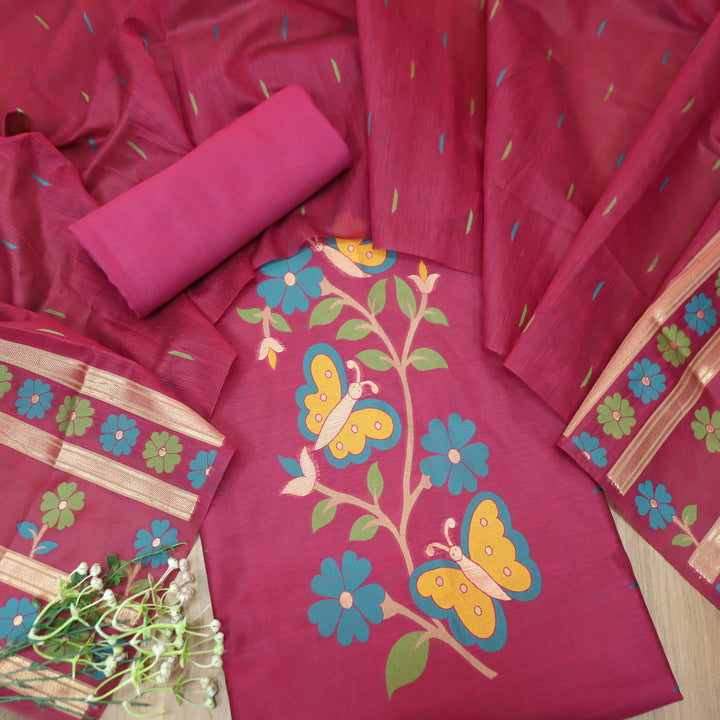 Ishika Magenta Pink All Over Authentic and Floral Jamdani Weaved Hem Chanderi Set