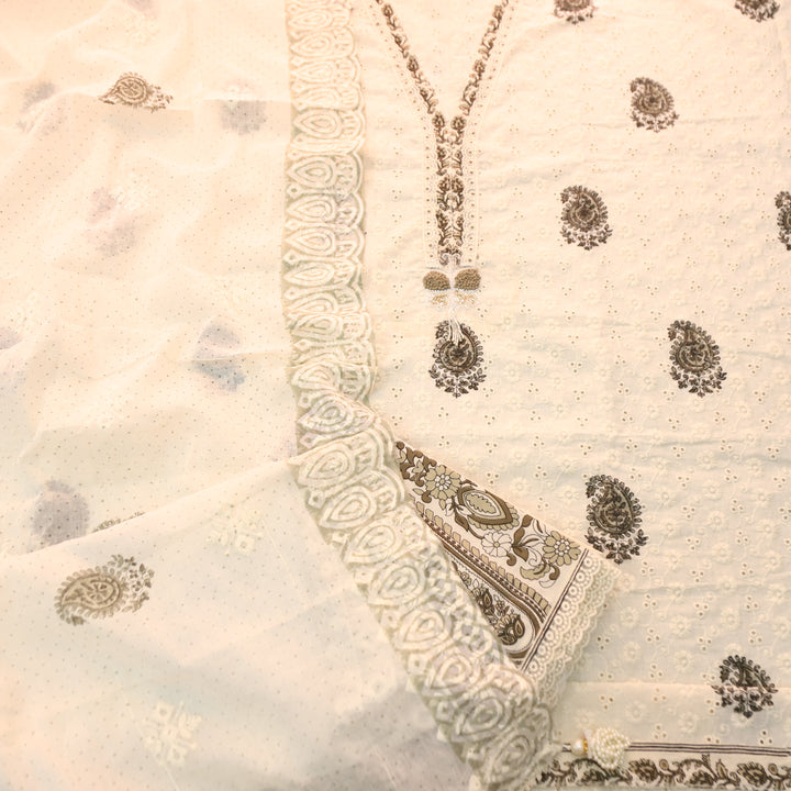 Yashvi Cream White with Grey Block Printed V Neck Lace Work Cotton Schiffli Set