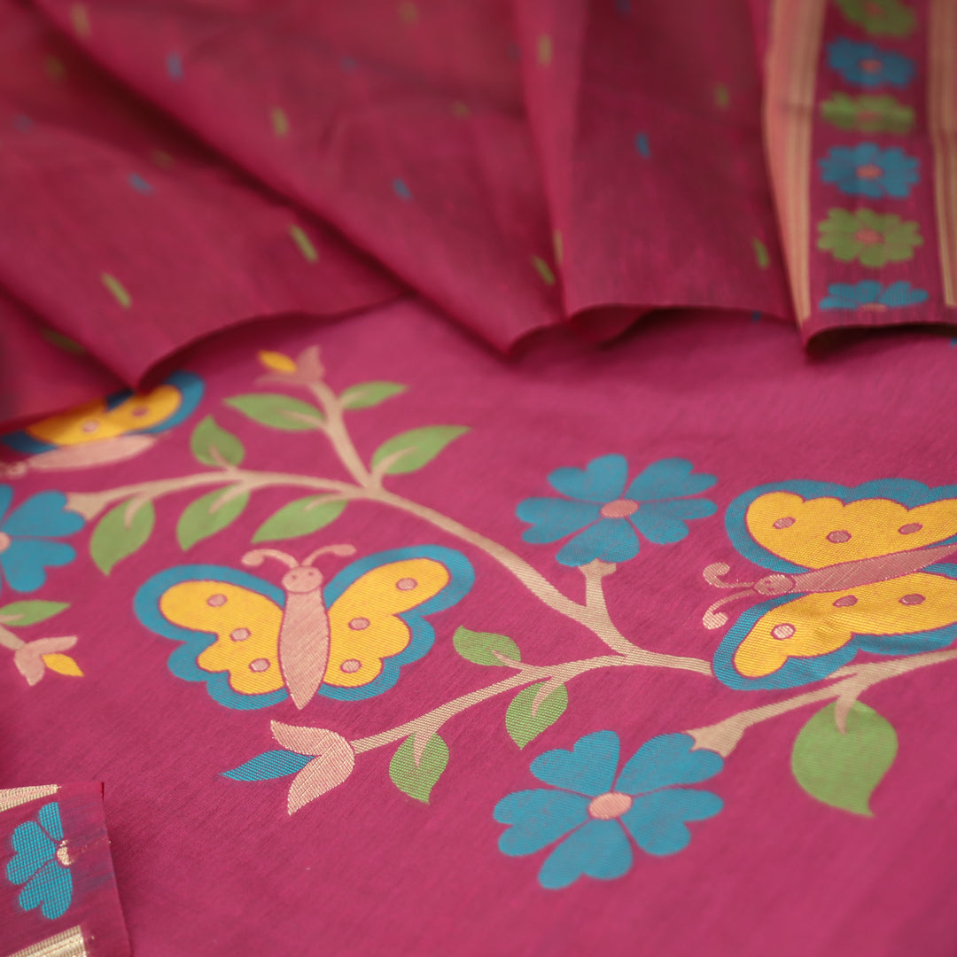 Ishika Magenta Pink All Over Authentic and Floral Jamdani Weaved Hem Chanderi Set