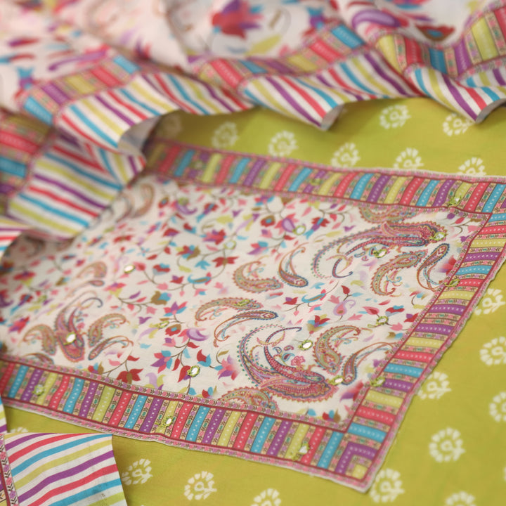 Zulfa Canary Yellow Floral Patch Yock Printed Jam Cotton Satin Suit Set