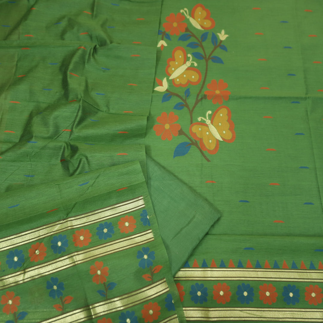 Ishika Grass Green All Over Authentic and Floral Jamdani Weaved Hem Chanderi Set