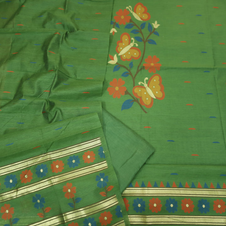 Ishika Grass Green All Over Authentic and Floral Jamdani Weaved Hem Chanderi Set