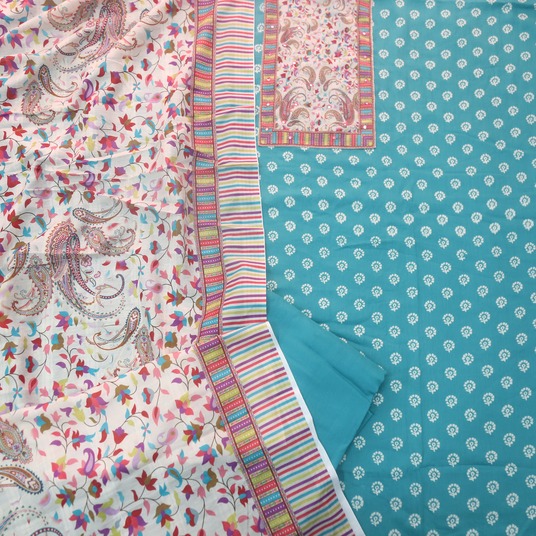 Zulfa Teal Blue Floral Patch Yock Printed Jam Cotton Satin Suit Set