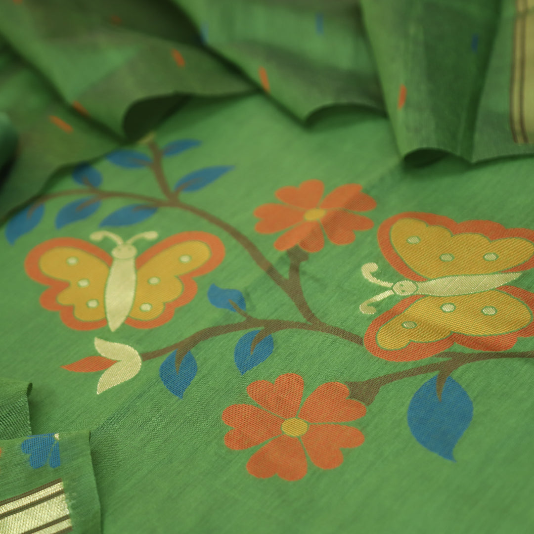 Ishika Grass Green All Over Authentic and Floral Jamdani Weaved Hem Chanderi Set