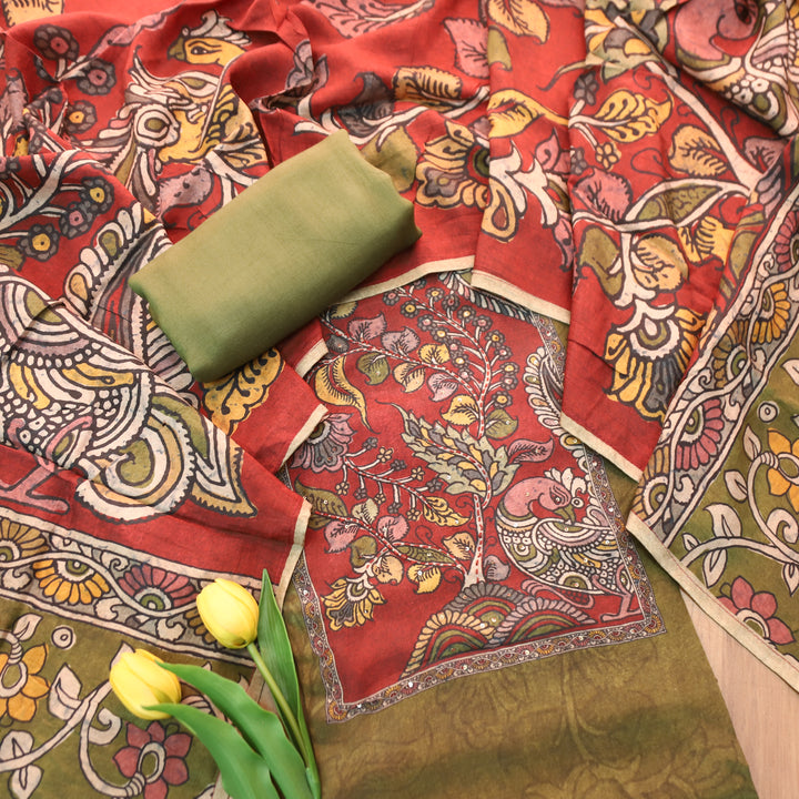 Menesa Olive Green Kalamkari Printed Yoke in Self Printed Muslin Suit Set
