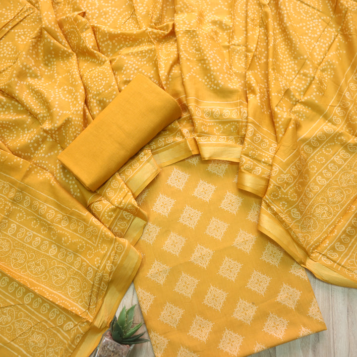 Ruhani Mustard Yellow Printed with Mangalgiri Hem Jam Cotton Top Suit Set D3