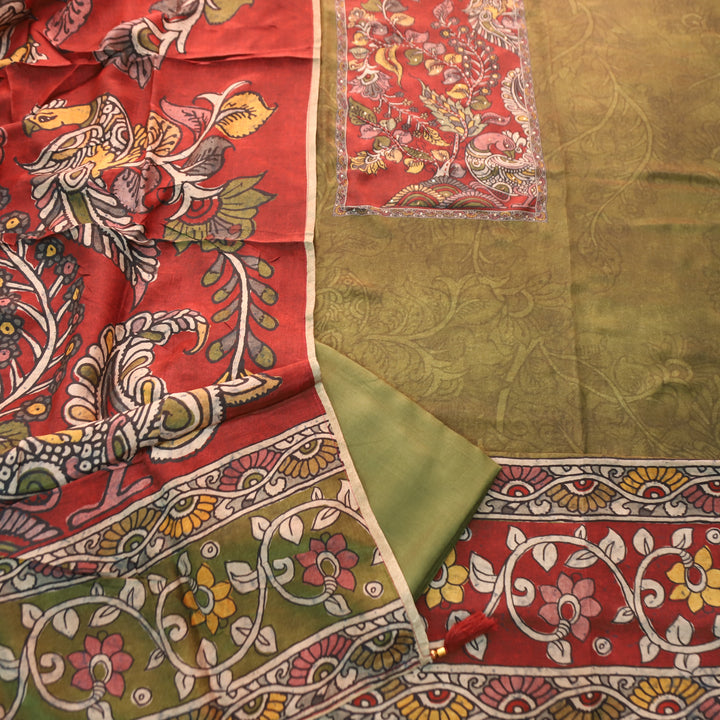 Menesa Olive Green Kalamkari Printed Yoke in Self Printed Muslin Suit Set