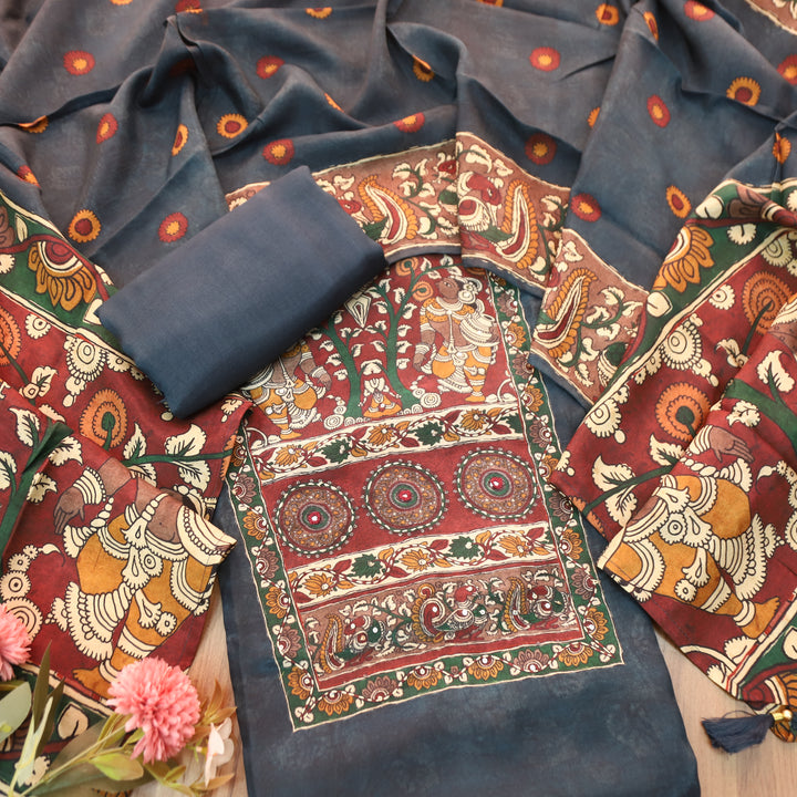 Menesa Prussian Blue Kalamkari Printed Yoke in Self Printed Muslin Suit Set