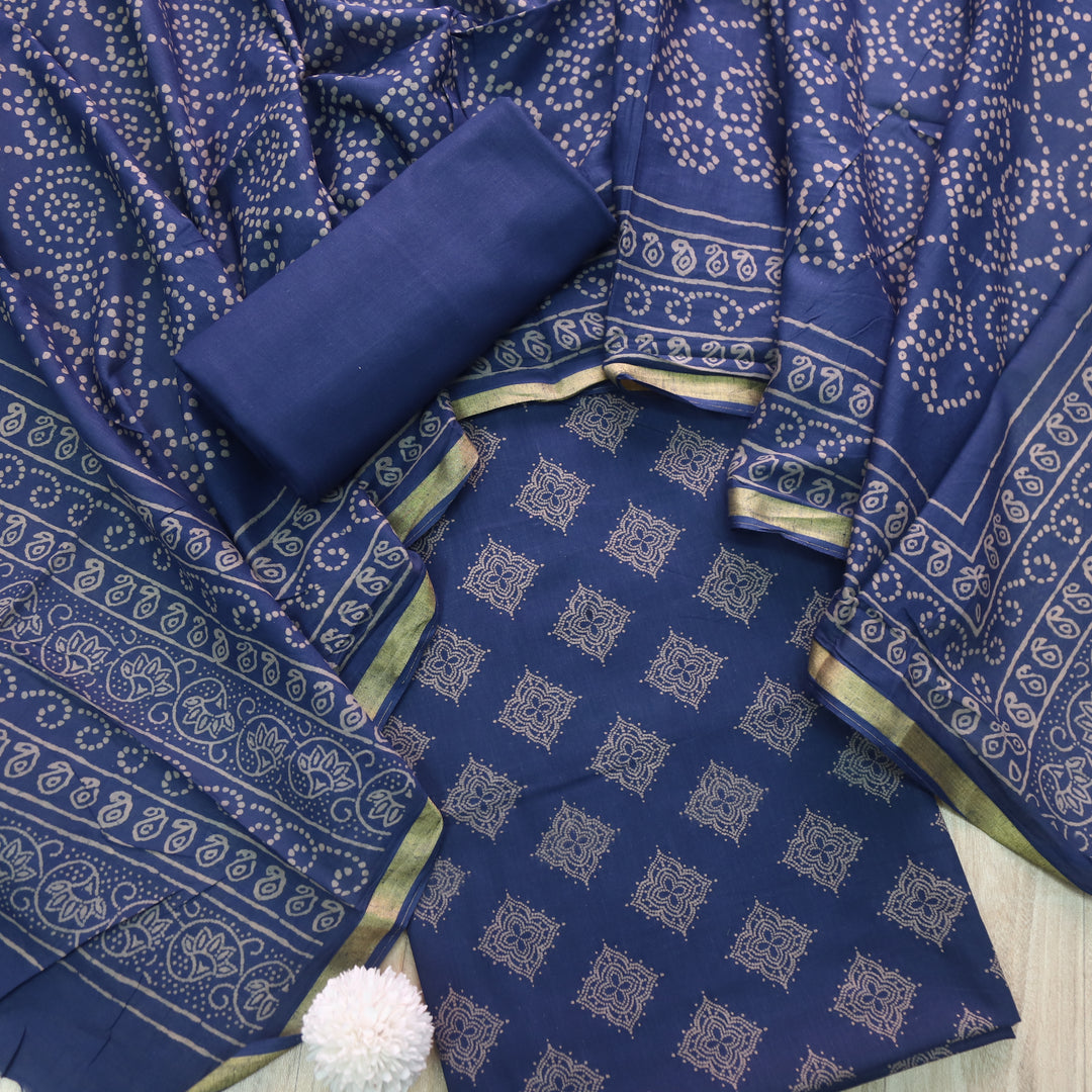 Ruhani Midnight Blue Printed with Mangalgiri Hem Jam Cotton Top Suit Set D3