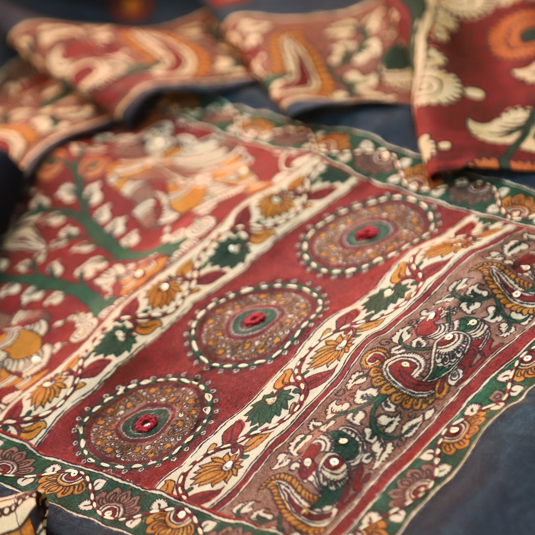 Menesa Prussian Blue Kalamkari Printed Yoke in Self Printed Muslin Suit Set