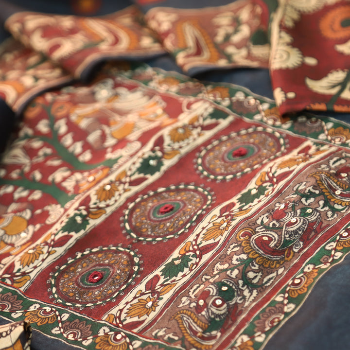 Menesa Prussian Blue Kalamkari Printed Yoke in Self Printed Muslin Suit Set
