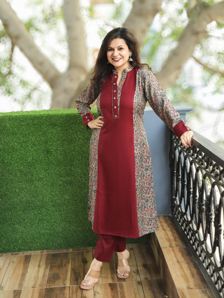 Khushi Berry Red Ban Collar Panel Kanni Print Button Work Semi Pashmina Winter Kurti