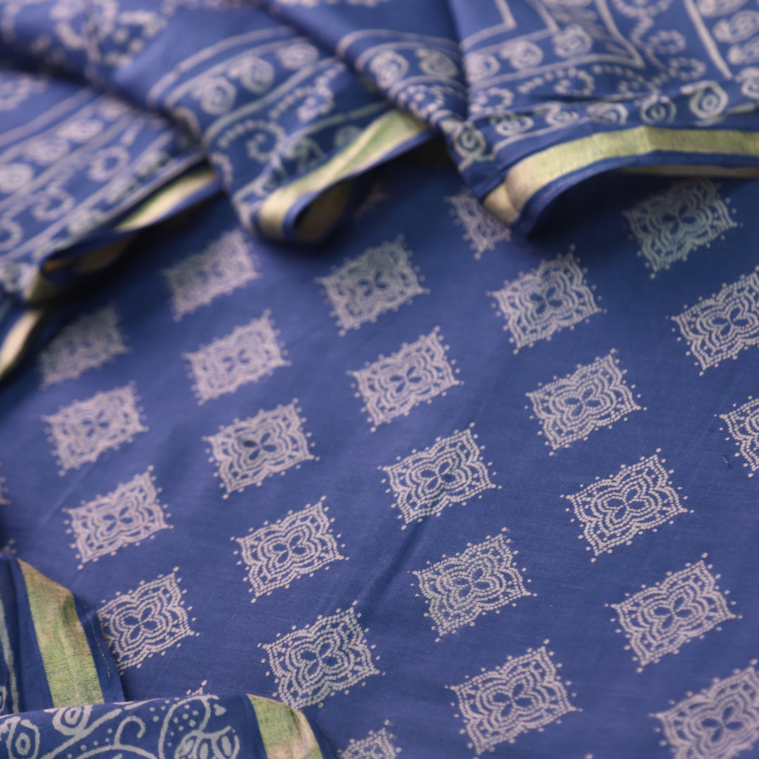 Ruhani Midnight Blue Printed with Mangalgiri Hem Jam Cotton Top Suit Set D3