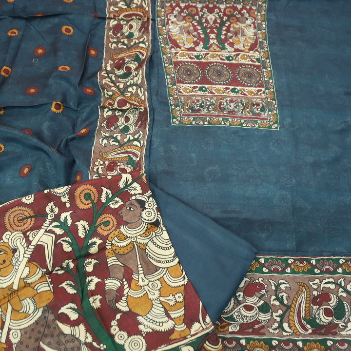 Menesa Prussian Blue Kalamkari Printed Yoke in Self Printed Muslin Suit Set