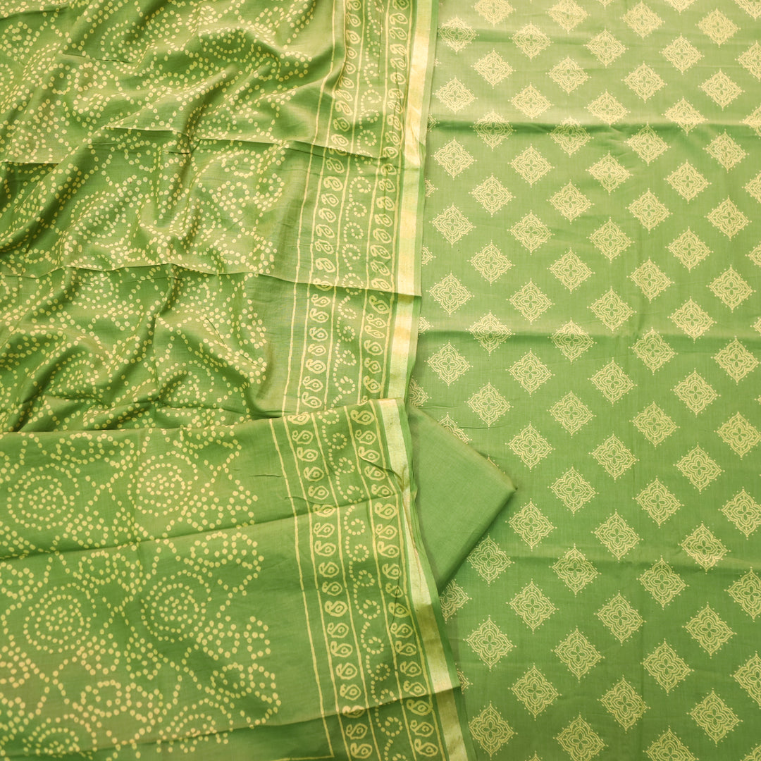 Ruhani Pine Green Printed with Mangalgiri Hem Jam Cotton Top Suit Set D3