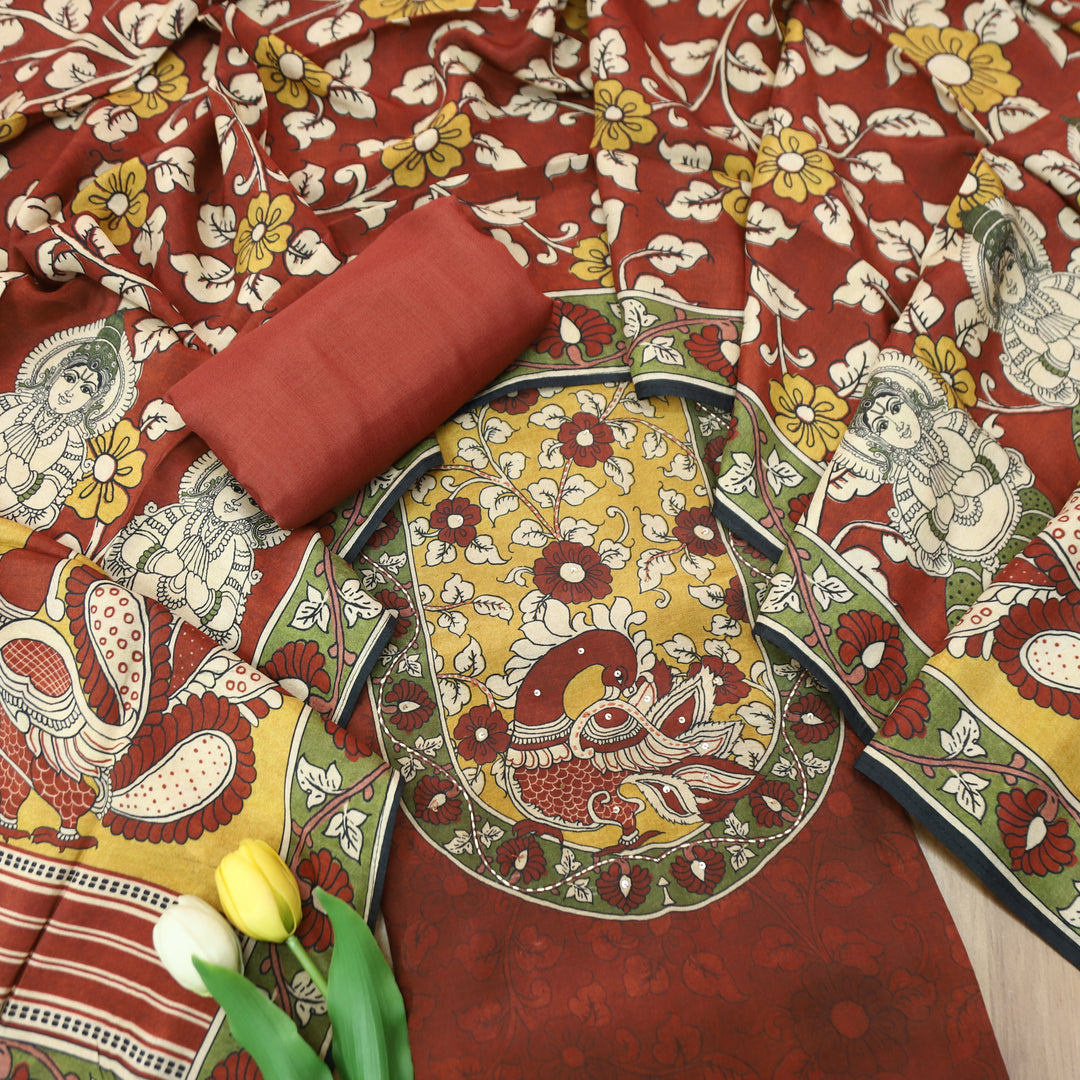 Menesa Maroon Red Kalamkari Printed Yoke in Self Printed Muslin Suit Set
