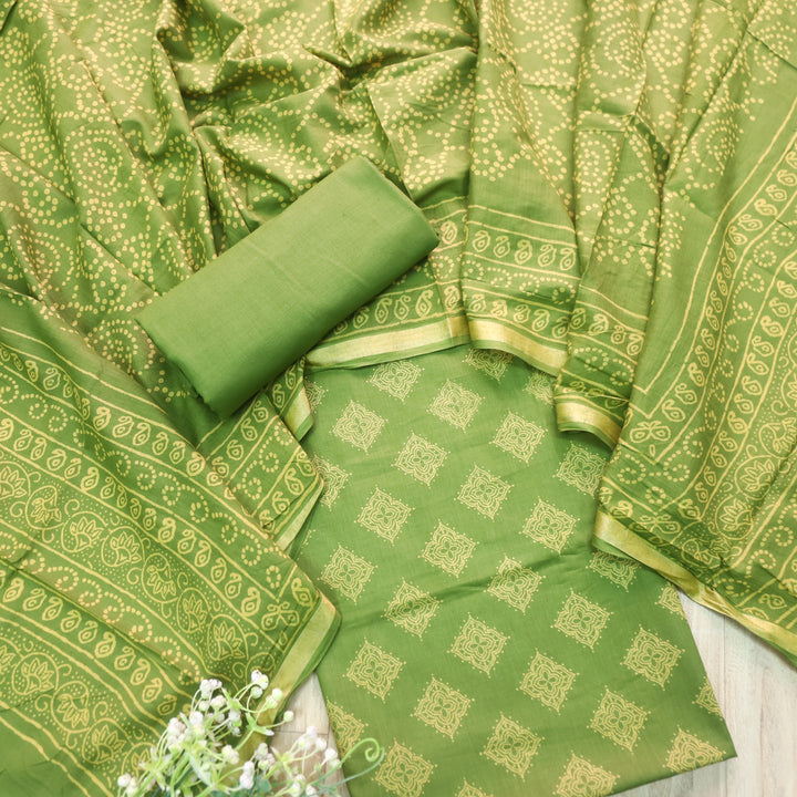 Ruhani Pine Green Printed with Mangalgiri Hem Jam Cotton Top Suit Set D3