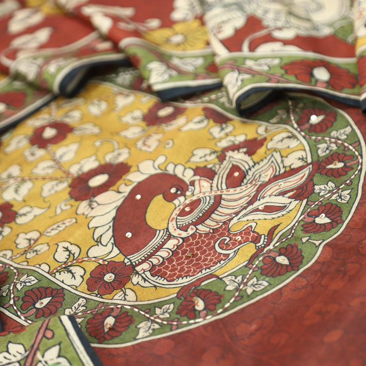 Menesa Maroon Red Kalamkari Printed Yoke in Self Printed Muslin Suit Set