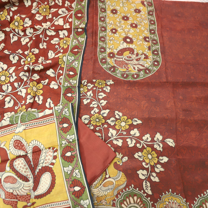 Menesa Maroon Red Kalamkari Printed Yoke in Self Printed Muslin Suit Set