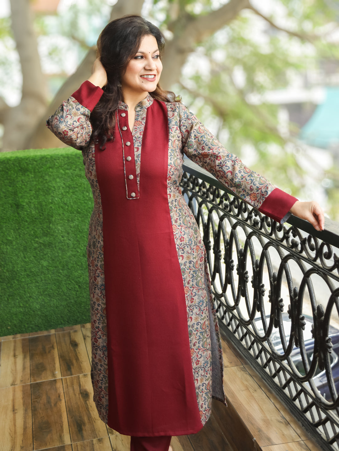 Khushi Berry Red Ban Collar Panel Kanni Print Button Work Semi Pashmina Winter Kurti