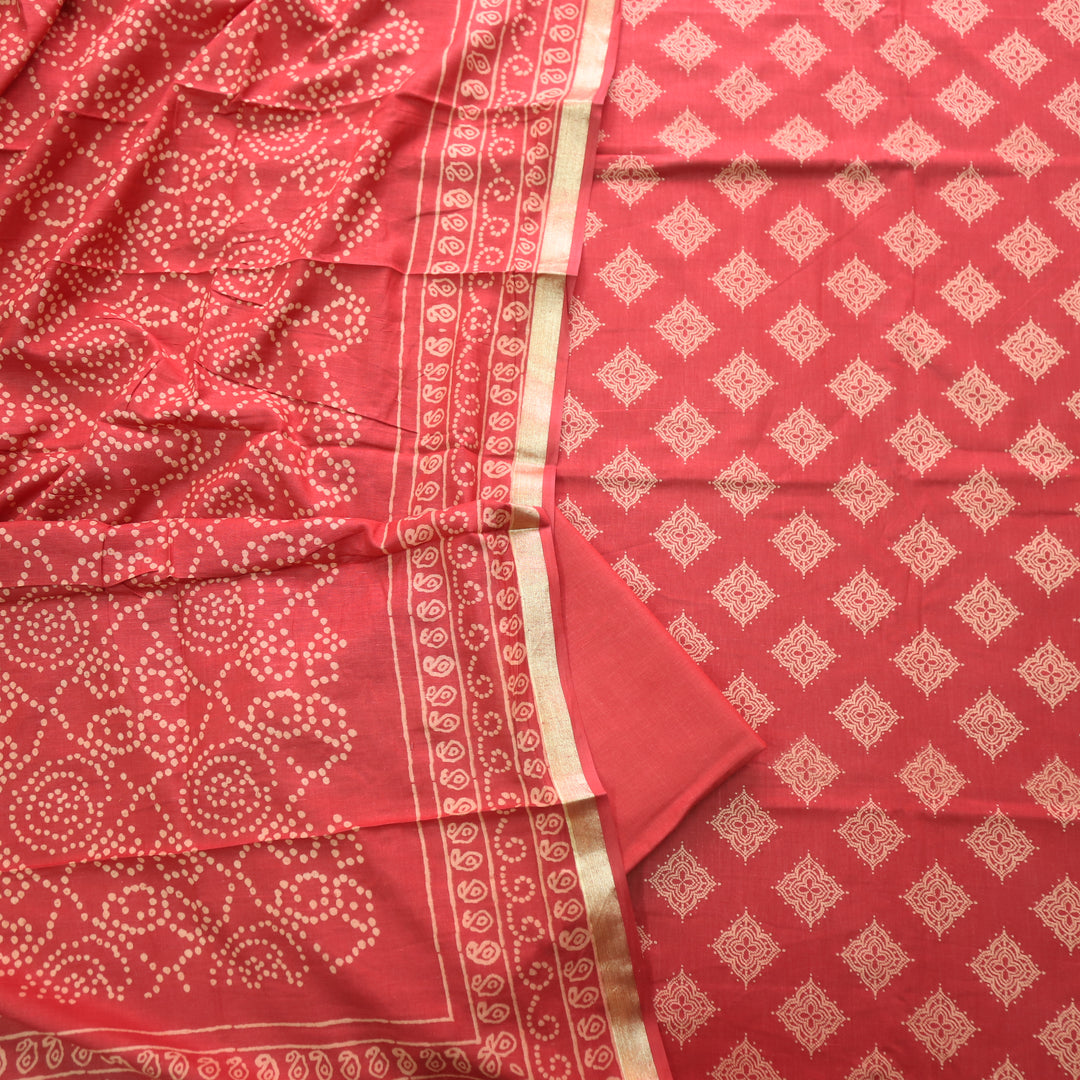 Ruhani Cherry Red Printed with Mangalgiri Hem Jam Cotton Top Suit Set D3