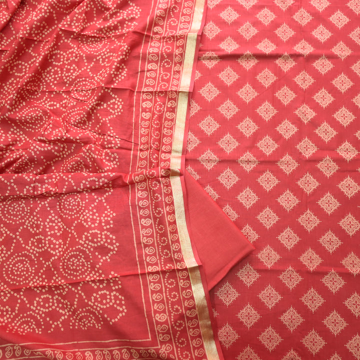 Ruhani Cherry Red Printed with Mangalgiri Hem Jam Cotton Top Suit Set D3