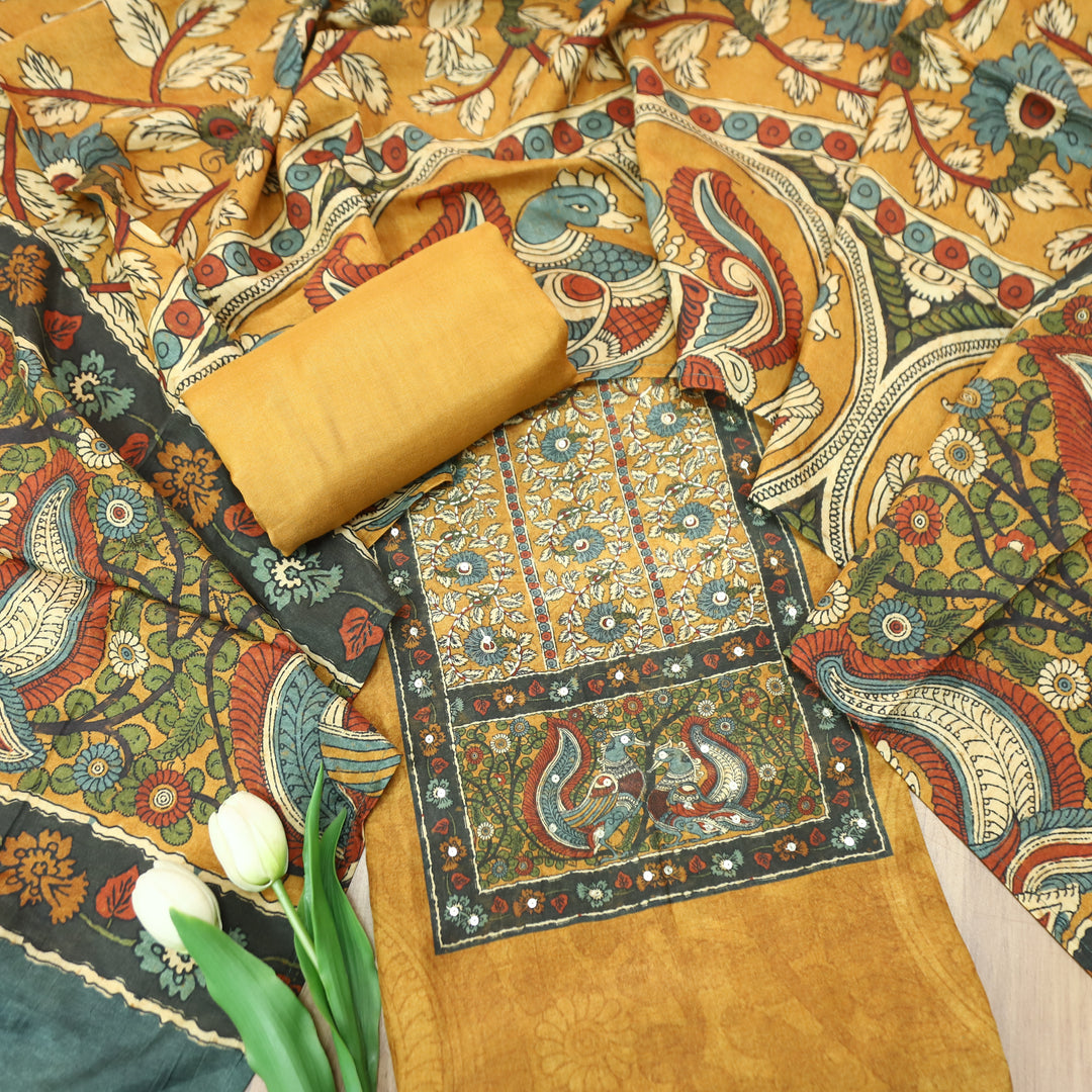 Menesa Dijon Yellow Kalamkari Printed Yoke in Self Printed Muslin Suit Set