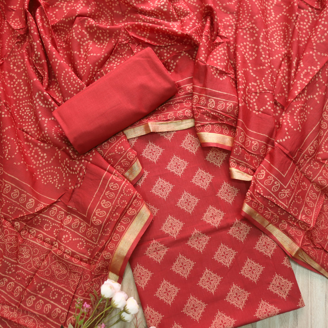 Ruhani Cherry Red Printed with Mangalgiri Hem Jam Cotton Top Suit Set D3