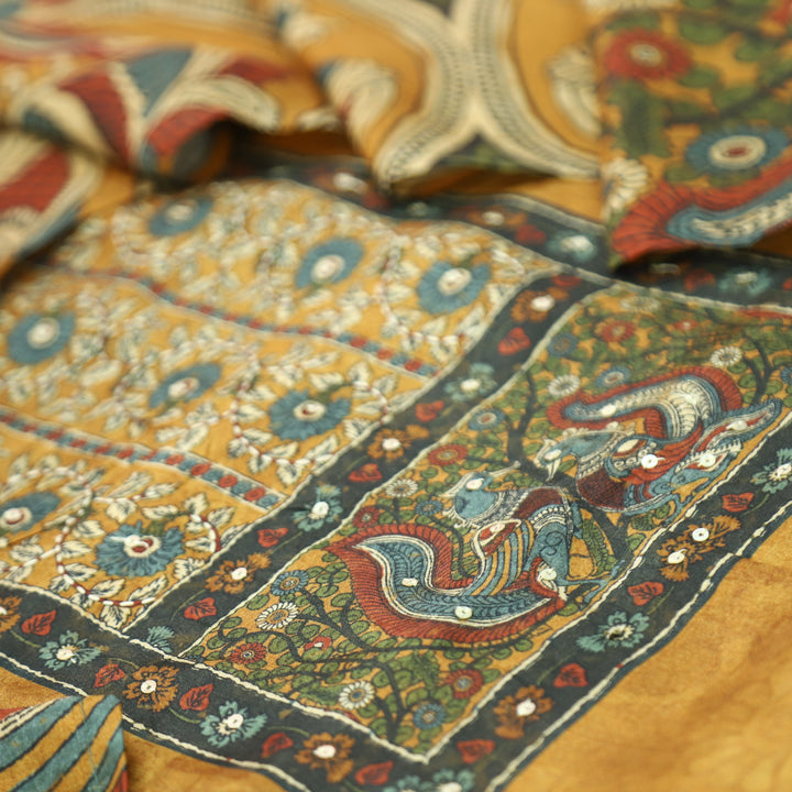 Menesa Dijon Yellow Kalamkari Printed Yoke in Self Printed Muslin Suit Set