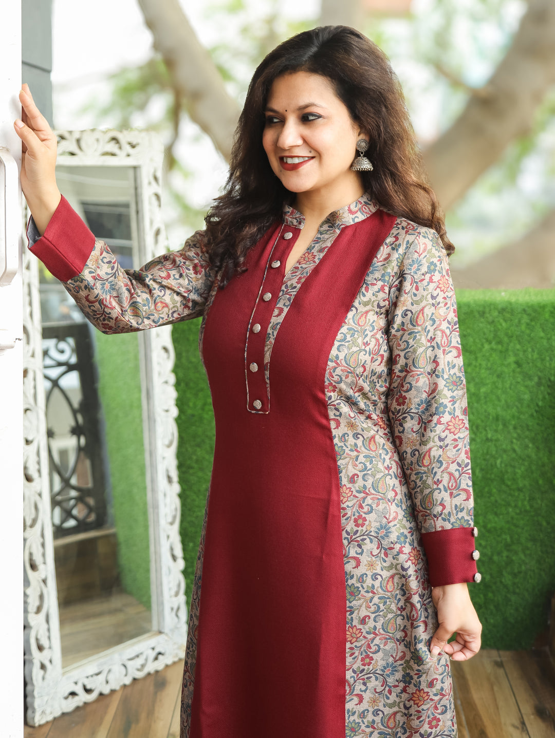 Khushi Berry Red Ban Collar Panel Kanni Print Button Work Semi Pashmina Winter Kurti