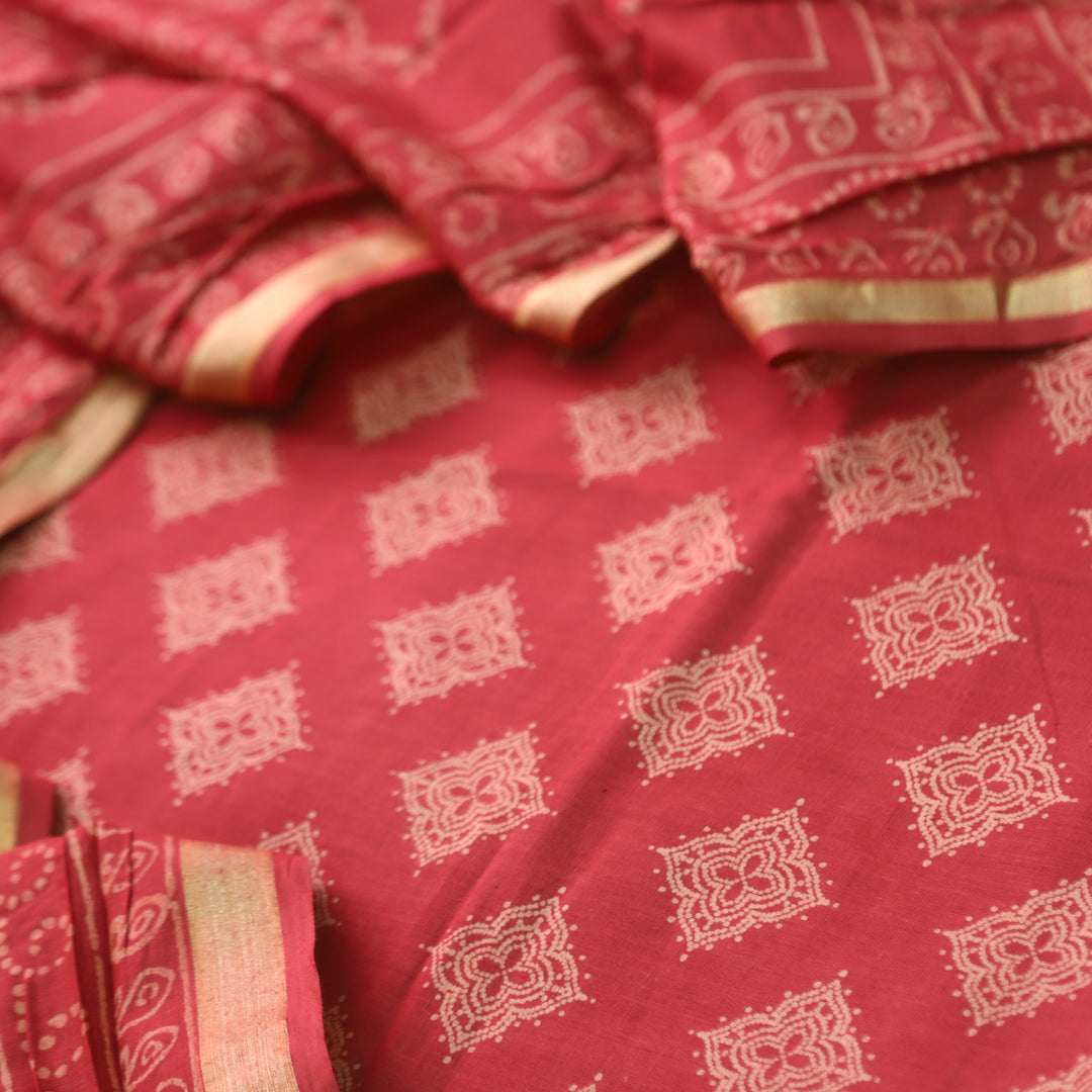 Ruhani Cherry Red Printed with Mangalgiri Hem Jam Cotton Top Suit Set D3