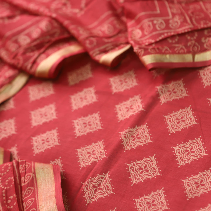 Ruhani Cherry Red Printed with Mangalgiri Hem Jam Cotton Top Suit Set D3