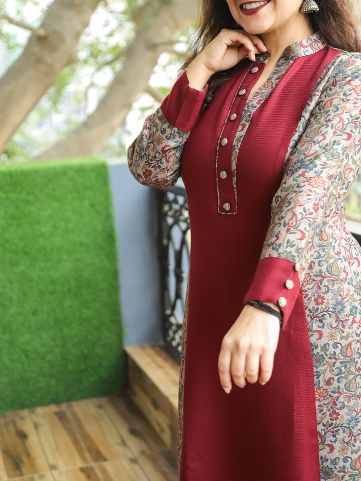 Khushi Berry Red Ban Collar Panel Kanni Print Button Work Semi Pashmina Winter Kurti