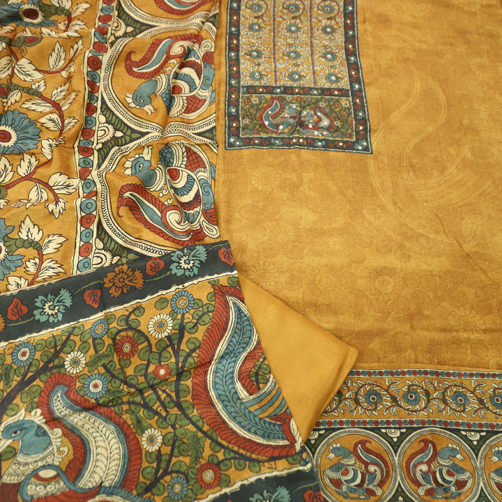 Menesa Dijon Yellow Kalamkari Printed Yoke in Self Printed Muslin Suit Set