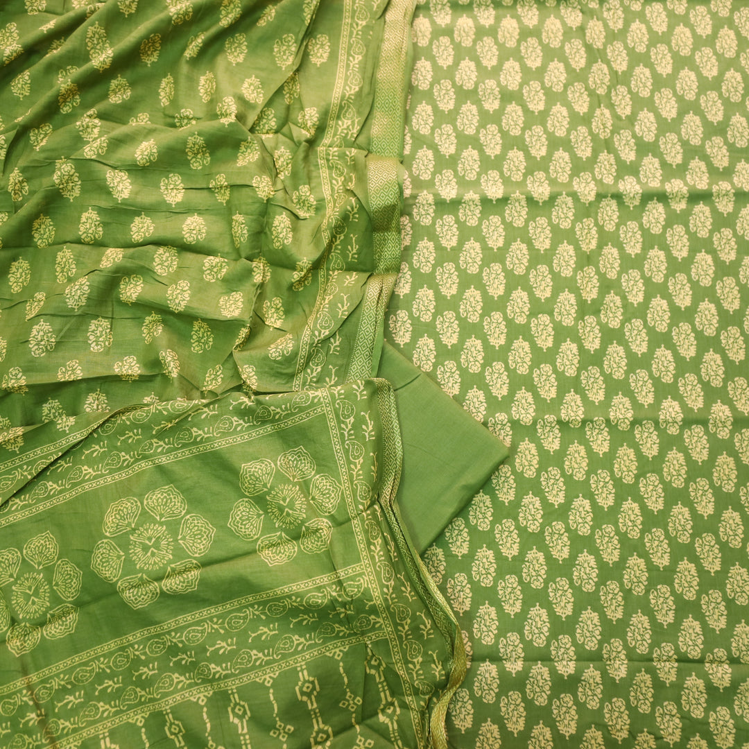 Ruhani Basil Green Printed with Mangalgiri Hem Jam Cotton Top Suit Set D4