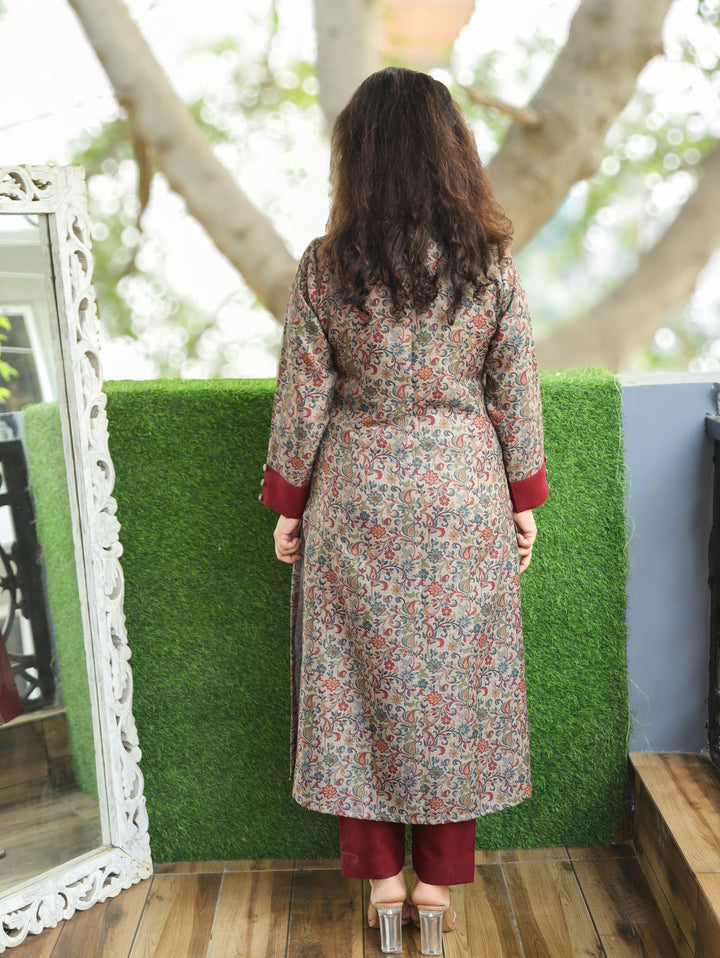 Khushi Berry Red Ban Collar Panel Kanni Print Button Work Semi Pashmina Winter Kurti