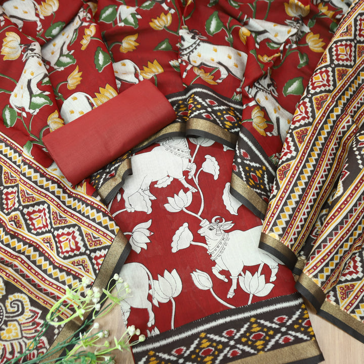 Saatvi Cherry Red Pichwai Print with Ikkat Print Hem Viscose Maheshwari Set