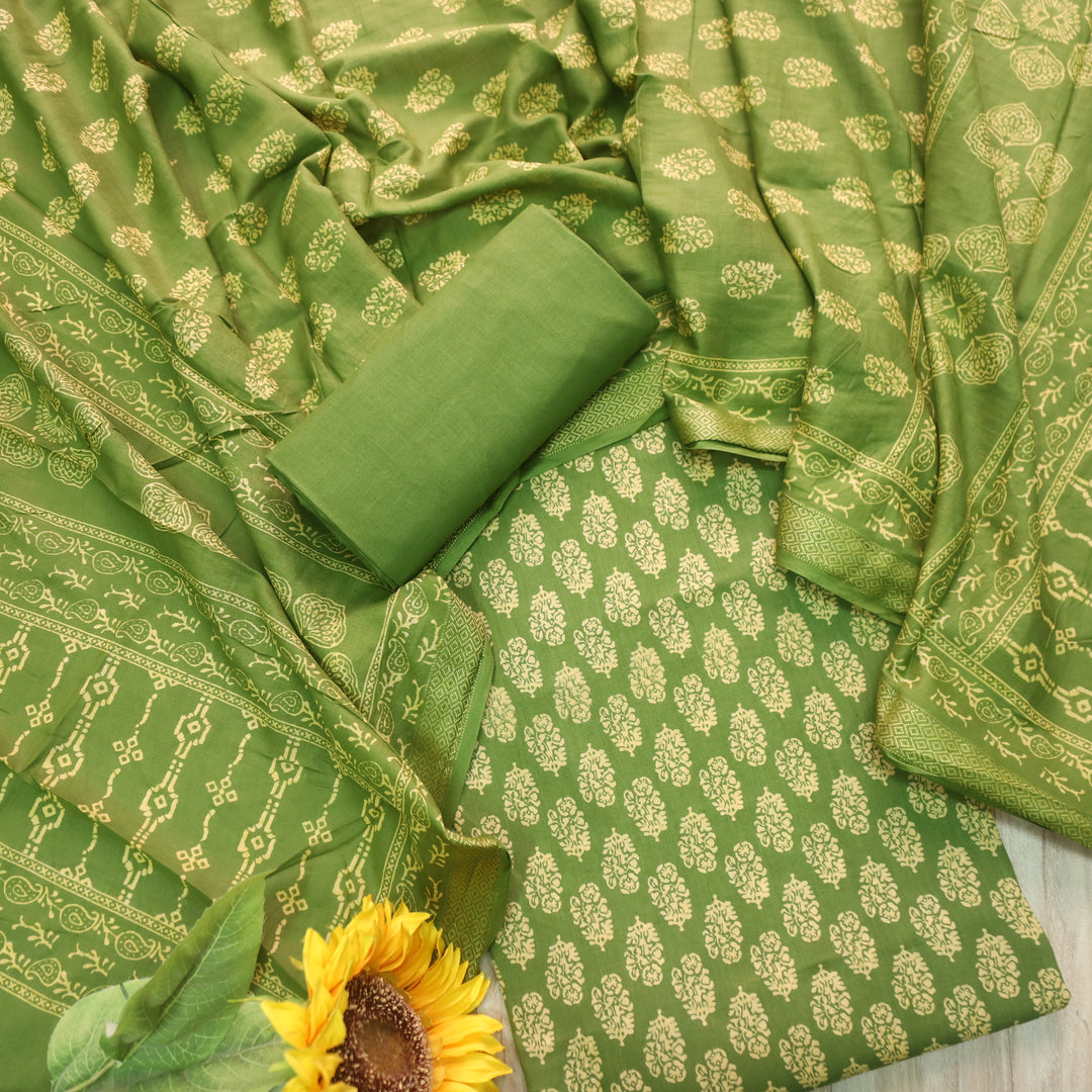 Ruhani Basil Green Printed with Mangalgiri Hem Jam Cotton Top Suit Set D4